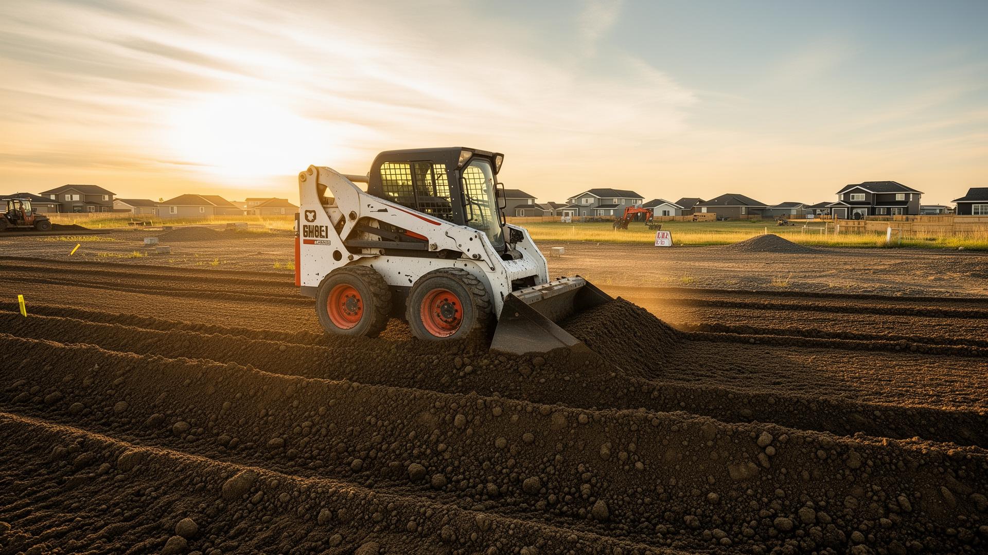 Skid steer grading a residential lot at golden hour